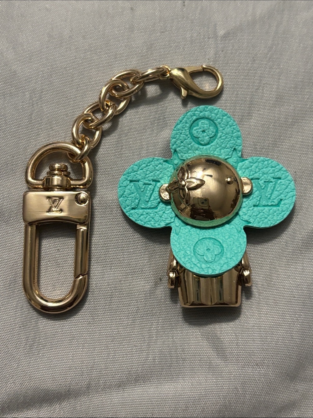 Louis Vuitton Turquoise Floral Leather Key Charm with Gold Hardware
